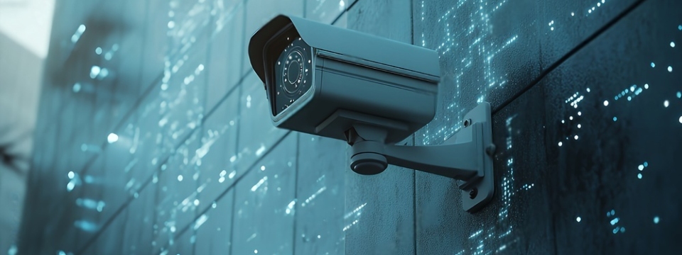 A CCTV camera mounted on a wall, with a blue light reflection